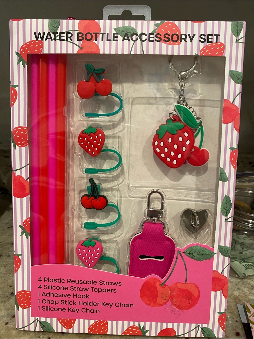 ๐๐ 5/$15 Kids Strawberry & Cherry Water Bottle Accessory Set - Pink/Red